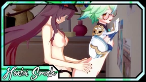 Hu Tao fucks Sucrose hard with a strapon - Genshin Impact Lesbian Hentai