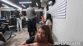 Blonde Lucky Anne fucks cute barber with her lips and wet cunt
