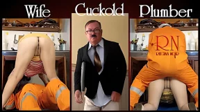 Kitchen tramp gets porked by plumber while her hubby sucks off