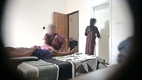 Masseuse manhandle maid's mouth while main man wanks his massive boner