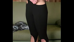 Sexy Hazel exposes toned thighs in shiny blouse & ripped leggings