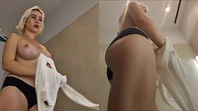No Bra Try on haul Upskirt view of panties in dressing room