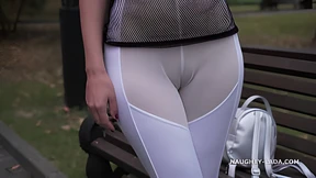 Transparent tart flaunts her assets in bustling public squares