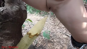 Squirt pee from a wooden stake in the woods