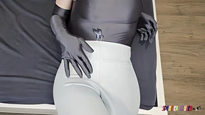 SpandexQueen Doubles Down, Milks Cum On White Leather Leggings, Gray Spandex Body SpandexQueen Doubles Down, Milks Cum On White Leather Leggings, Gray Spandex Body