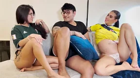 Two sluts aggressively pleasuring a timid neighbor