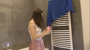 Braless hot brunette skinny and horny babe in a pink mini skirt to show her beautiful ass and legs in the bathroom Braless hot brunette skinny and horny babe in a pink mini skirt to show her beautiful ass and legs in the bathroom