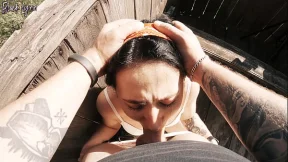 Risky outdoor facefuck and cum in throat We did it at the hunting tower!