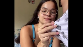 Busty brunette nerd giving a deep blowjob to Wellington Prado's big dick with her back to the mirror in denim shorts Busty brunette nerd giving a deep blowjob to Wellington Prado's big dick with her back to the mirror in denim shorts