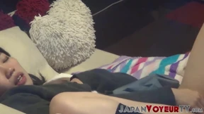 Japanese bitch plays with her hairy pussy on secret tape