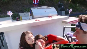 Teen and stepmom share a big cock blowjob before slut rides it