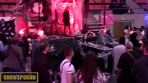 Raunchy whip-wielding public exhibitionists dominate submissive bottoms