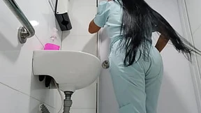 Dirty secretary gets nailed hard on her knees in the office bathroom