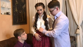 Two randy lads summoned a petite pal over for a steamy m&#x00E9;nage