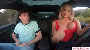 Sultry seductress commands attention of lustful passenger via tantalizing tongue action