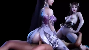 Three-dimensional cartoon Asian goddesses gang-bang commanding officers in royal orgy