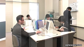 Slutty Asian babe gets pounded by a fat-dicked boss in a dirty supply closet