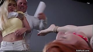 Derrick Pierce ties and whips big tits redhead MILF Lauren Phillips then captures her big tits blonde girlfriend Paisley Porter and fucks her in bondage threesome