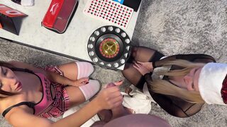 Two girls one guy handjob challenge party for Christmas with presents and roulette spinning