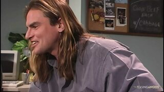 Two power-hungry coworkers engage in a steamy threesome with their