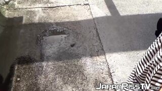 Redhead Japanese cutie outdoor solo pussy playing and peeing