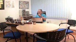 Tattoo German secretary fucked by two dudes in the office