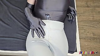SpandexQueen Doubles Down, Milks Cum On White Leather Leggings, Gray