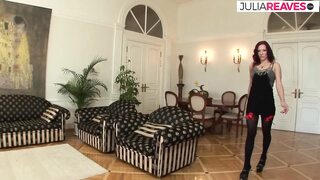 Horny MILF fucks pussy with a huge dildo while a hard cock thrusts her ass