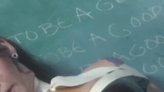 Detention domina spanks and dildo fucks latex sub