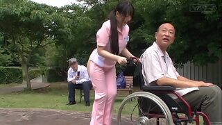 Exposed Japanese caregiver outdoors with subtitles