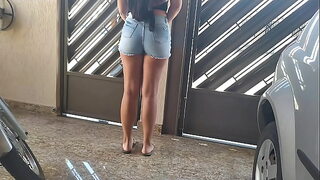 Hot neighbor in denim shorts fucking her neighbor's husband