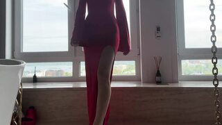 Yoga in tight transparent red dress
