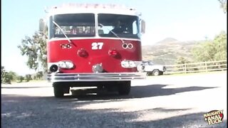 Two dudes bring hot come, brunette takes all, grinning in