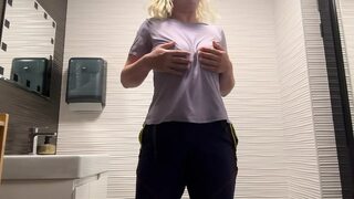 Secret masturbate with bottle and squirt in public toilet