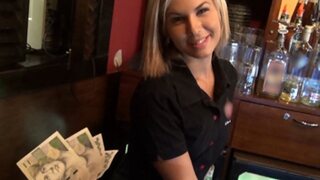 'Slutty blonde gets gangbanged by coworkers behind the bar'