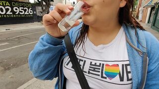 Whore enjoys drinking my cum publicly after deepthroat action