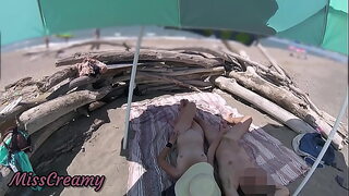 Dirty MILF Handjobs at Public Beach by Voyeur, Ends with