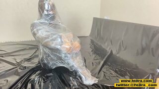 Plastic Bondage Wrap Feels Intense: Sweat-Induced Orgasmic Delight