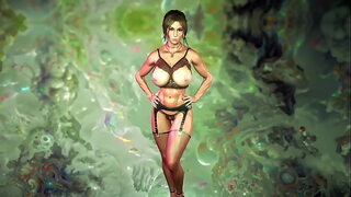 Busty oiled Lara Croft in black lingerie can do more than just rob tombs
