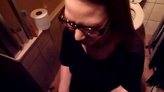 Nerdy librarian with glasses loves to drink piss