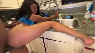 Hot Ebony anal addicted teen fuck stepdad in the kitchen